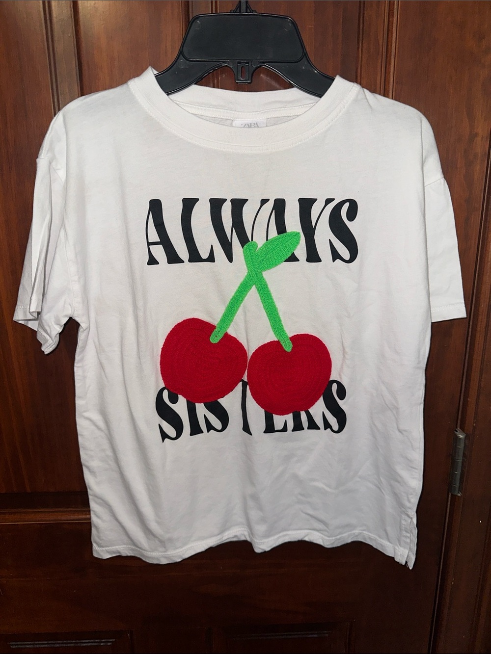 Zara White Tee with Red Cherry Graphic and Green Stem